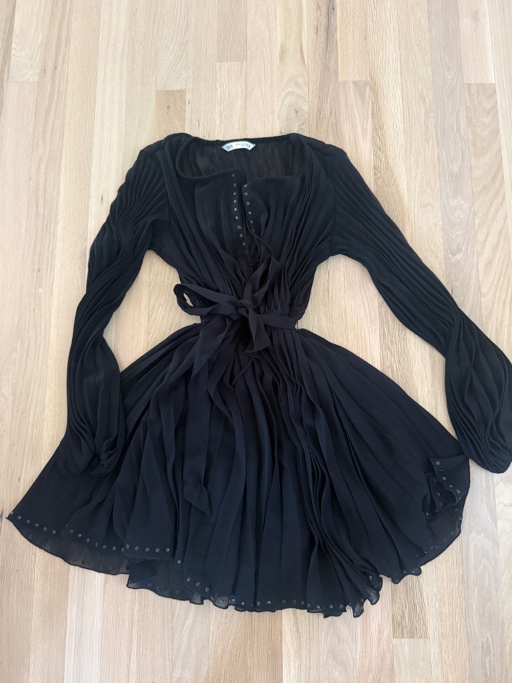 Black Pleated Long-Sleeve Wrap Dress with Tie Waist